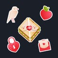 Valentine Sticker Pack. Pigeon, Sandwich, Envelop with Letter, Lock, Heart Shape Fruit. Social Media Ads. Royalty Free Stock Photo